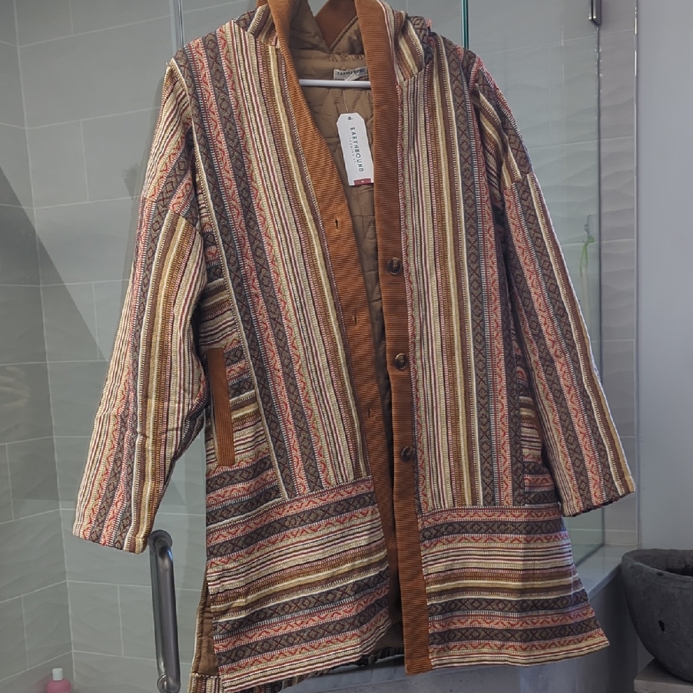 EARTHBOUND Striped Quilted Trench Coatigan in Brown Multi